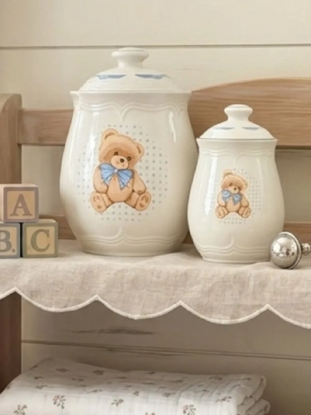 Tienshan Stoneware Vintage Country Bear Canister Set Small and Large Set of 2